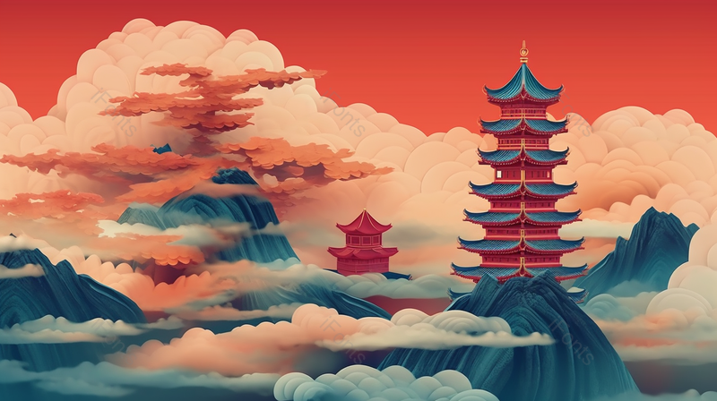 中国风古建筑彩色水墨画,插画/手绘图,插画/手绘图库,插画/手绘图下载,插画/手绘